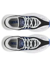 Championes de básquetbol Under Armour Curry Splash 25, con diseño en colores blanco, negro y azul. Presentan una parte superior de malla transpirable con refuerzos, entresuela Micro G para mayor amortiguación y suela de goma con patrón de tracción circular.