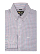 Camisa de manga larga de algodón RKF, con estampado de cuadros en tonos azul, rojo y blanco, cuello button-down y bolsillo en el pecho con logo bordado.