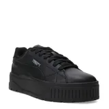 Championes Puma Karmen II Leather de color negro, con diseño urbano y plataforma. Presentan un upper de cuero con detalles sintéticos, cierre de cordones y plantilla SoftFoam+ para mayor amortiguación. La suela de goma robusta proporciona estabilidad y altura.