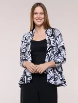 Cardigan abierto de manga larga en seda fría con estampado multicolor en tonos rosados, naranjas, verdes y negros.