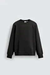 Sudadera de cuello redondo y manga larga, confeccionada en tejido de algodón pesado con interior ligeramente afelpado. Presenta un corte relajado y acabados en rib en puños y ruedo.