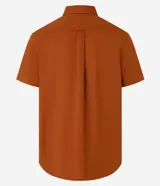 Camisa de lino y algodón color celeste, de manga corta, con cuello camisero y cierre frontal con botones.
