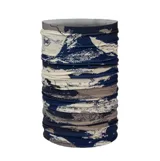 Bufanda tubular multifuncional Buff, modelo Original Ecostretch, con diseño estampado abstracto en tonos azul, beige y gris. Fabricada con materiales reciclados, ofrece protección solar UPF 50 y es apta para diversas actividades al aire libre.