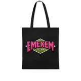 Tote bag de tela color negro con estampado gráfico central en forma de rombo verde con letras rosas y texto "EMEXEM STREET BRAND".