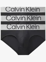 Pack de tres slips negros de microfibra reciclada, con cintura elástica plateada con el logo de Calvin Klein.