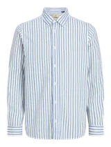 Camisa de manga larga a rayas verticales celestes y verdes sobre fondo blanco, con fit comfort y cuello clásico. Confeccionada en tejido dobby de algodón y lino, con cierre frontal con botones.