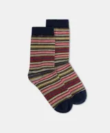 Medias de hilo de lurex con diseño de rayas multicolor, puntera y caña de algodón liso en tono azul marino.