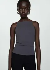 Top entallado de cuello halter con diseño recto y tirantes finos, confeccionado en tejido de mezcla de algodón.