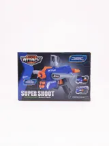 Pistola de juguete azul y gris con detalles en naranja, incluye balas de goma eva con punta naranja.