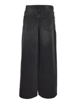 Jean wide leg de tiro medio y pernera ancha, color negro con efecto lavado. Cuenta con diseño clásico de denim y bolsillos delanteros y traseros.