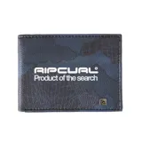 Billetera Rip Curl Sessions Pu Slim de diseño compacto, confeccionada en poliuretano con estampado camuflado en tonos azules y negros. Presenta el logotipo de la marca impreso en la parte frontal junto con la inscripción "Product of the search" y un pequeño aplique metálico con el emblema de Rip Curl.