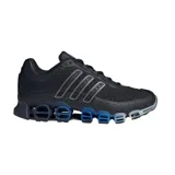 Championes de running Adidas Megaride, color negro con detalles en azul y plateado. Presentan un diseño técnico con malla transpirable y una suela distintiva con estructura de túneles para amortiguación.