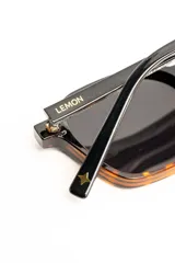 Lentes de sol polarizados con armazón negro de diseño geométrico y lentes oscuros.
