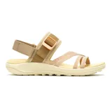 Sandalias Merrell modelo District 4 Backstrap, color beige con detalles en tono durazno, tiras cruzadas en el empeine y ajuste con hebilla plástica.