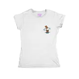 Remera entallada blanca de manga corta, confeccionada en algodón, con un vistoso estampado ilustrado en la espalda que muestra un carpincho surfista con la inscripción "Uruguay" y "Los de afuera son de palo".