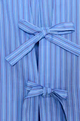 Camisa celeste a rayas verticales, con escote en pico, mangas largas abullonadas con puños elásticos y cierre frontal con lazos del mismo tejido.