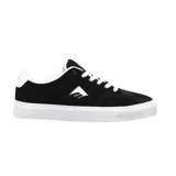 Championes de skate Emerica modelo Temple, color negro con detalles en blanco. Presentan un diseño de perfil bajo con capellada de gamuza, logo lateral característico de la marca, cordones blancos y suela de goma vulcanizada.