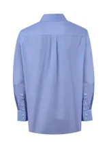 Camisa de manga larga para hombre de la marca RKF, con diseño de rayas finas celestes y rosadas, cuello italiano, cierre frontal de botones y logo bordado en el pecho.