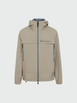 Campera impermeable Moncler modelo Grenoble Shipton en color beige, con capucha ajustable, cierre frontal de cremallera y bolsillos laterales con cierre. Presenta el logo de la marca estampado en el pecho.