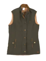 Chaleco azul marino con forro interior rojo, cuello alto y cierre frontal con botones dorados.