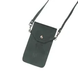 Bandolera tipo portacelular color plateado, realizada en cuero con correa fina y bolsillo trasero.