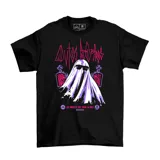 Remera negra de algodón con estampa frontal gráfica que presenta un fantasma con lentes de sol, lápidas y texto alusivo a la banda.