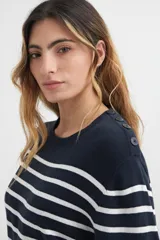 Sweater de punto a rayas horizontales en azul marino y blanco, con cuello redondo y mangas largas. Presenta un diseño clásico y versátil.