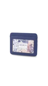 Tarjetero de símil cuero color beige con visor frontal transparente y ranuras para tarjetas.