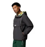 Campera cortaviento Columbia modelo Acker Rock Windbreak, de color gris oscuro, con capucha ajustable con interior estampado, cierre frontal parcial con botones y bolsillo tipo canguro con solapa. Incluye tecnología Omni-Shield y Omni-Shade.