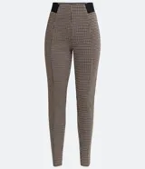 Pantalón legging con estampado cuadrillé en tonos marrones, cintura elástica contrastante y corte ajustado.