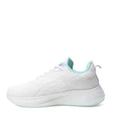 Championes deportivos de mujer en color blanco, con detalles en turquesa y lila. Presentan un diseño de malla transpirable, cierre con cordones y suela con amortiguación.