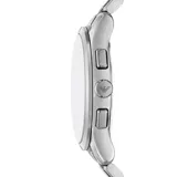 Reloj cronógrafo Emporio Armani modelo Dario con caja de 42 mm y pulsera de acero inoxidable plateado. Presenta una esfera negra con índices plateados, logo de la marca en la parte superior y ventana de fecha en la posición de las 6.