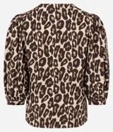 Blusa de viscolino con estampado animal print de leopardo, cuello redondo, mangas largas abullonadas y cierre frontal oculto.