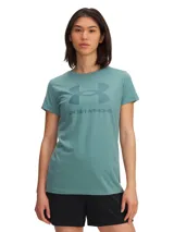 Remera de manga corta Under Armour, color verde azulado, con cuello redondo acanalado y logo de la marca estampado en el frente.