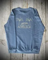 Buzo celeste de algodón y poliéster con cuello redondo, mangas largas y puños y cintura acanalados. Estampado en la espalda con una camioneta, palmeras y una tabla de surf.