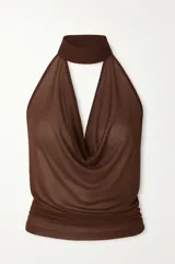 Top marrón de microtul, con cuello halter y corte fluido en el pecho. Diseño reversible.