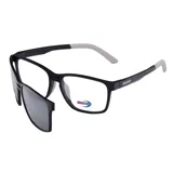Lentes MDQ modelo Elan con sistema clip-on polarizado, armazón negro y detalles en blanco en las patillas.