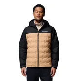 Campera técnica con capucha, diseño bicolor en negro y beige. Cuenta con cierre frontal completo, bolsillos laterales con cremallera y tecnología de aislamiento térmico. Presenta construcción sellada sin costuras y logo de la marca estampado en el pecho.