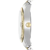 Reloj analógico Fossil con caja de 32mm, esfera color champán con índices de cristal y números romanos, y calendario. Presenta un diseño bicolor en acero inoxidable plateado y dorado con bisel estriado.