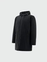 Parka de nylon elastizado color azul marino, con capucha ajustable, cierre frontal de cremallera y bolsillos laterales con solapa. Presenta un diseño de corte recto y largo por debajo de la cadera.