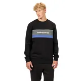 Buzo de cuello redondo Billabong, color negro, con franja horizontal en el pecho que combina tonos gris y azul, y el logo de la marca estampado en blanco.