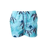 Short de baño Billabong de color celeste con estampado tropical de palmeras y atardecer, con cintura elástica y cordón ajustable.