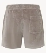 Bermuda runner de terciopelo color gris topo, con cintura elástica, cordón ajustable y bolsillos laterales.