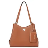 Cartera Guess modelo Elsa de color marrón, elaborada en poliuretano con diseño estructurado, doble asa superior y herrajes plateados. Incluye un pequeño monedero colgante con cierre y logo impreso, además del emblema triangular de la marca en el frente.
