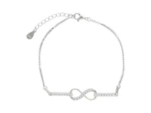 Pulsera de plata con dije central en forma de símbolo de infinito, decorado con circonias engastadas en toda su superficie y en parte de la cadena.