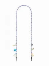 Cadena para gafas con cuentas azules y dijes de conchas, abalorios y piedras.