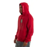 Canguro rojo de hombre marca Quiksilver, con capucha y cordones ajustables, bolsillo tipo canguro y logo estampado en el pecho.