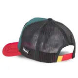 Gorra tipo trucker de CapsLab con diseño de Shenron de Dragon Ball. Presenta frente y visera en colores verde y rojo, con panel posterior de malla negra y parche bordado del personaje en el frente.