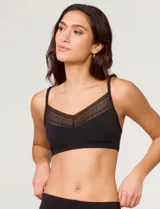 Bralette de microfibra color negro, con diseño minimalista, escote en V y detalle de encaje en la parte superior de las copas. Cuenta con tirantes ajustables y banda elástica inferior para mayor soporte.