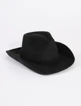 Sombrero estilo cowboy de color negro, con ala moldeada y cinta decorativa texturizada alrededor de la copa.